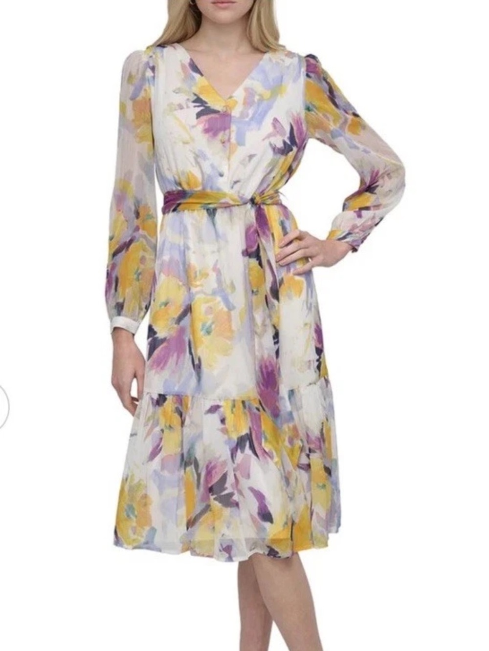 DKNY NWT Colorful Lined Floral Chiffon Fit & Flare Midi Dress Woman’s Sz 14